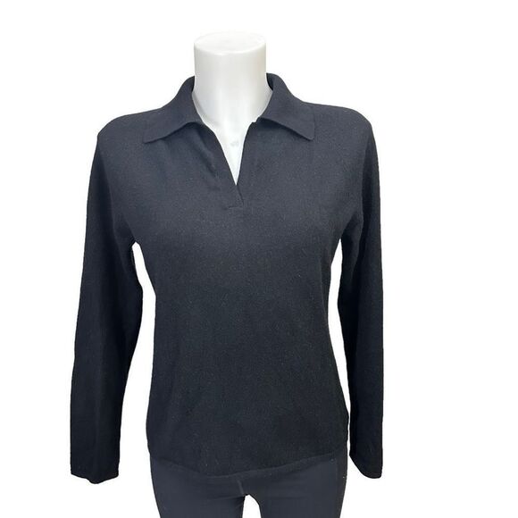 CLASSIQUES ENTIER Black Collared 100% Cashmere Knit Pullover Sweater sz M Petite - Picture 1 of 7